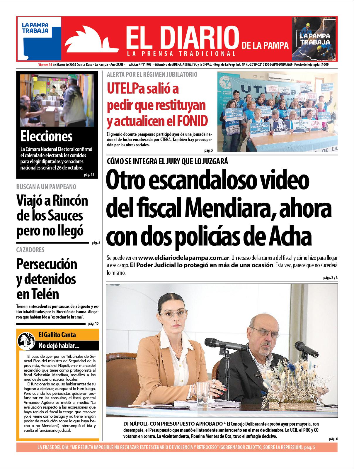 Tapa de El Diario en papel  viernes 14 de marzo de 2025